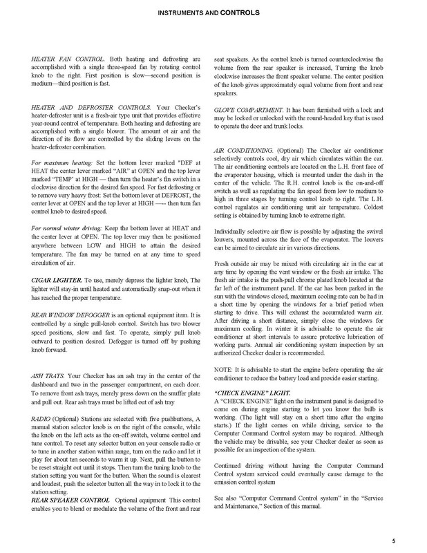 1982 Checker Owners Manual Page 11